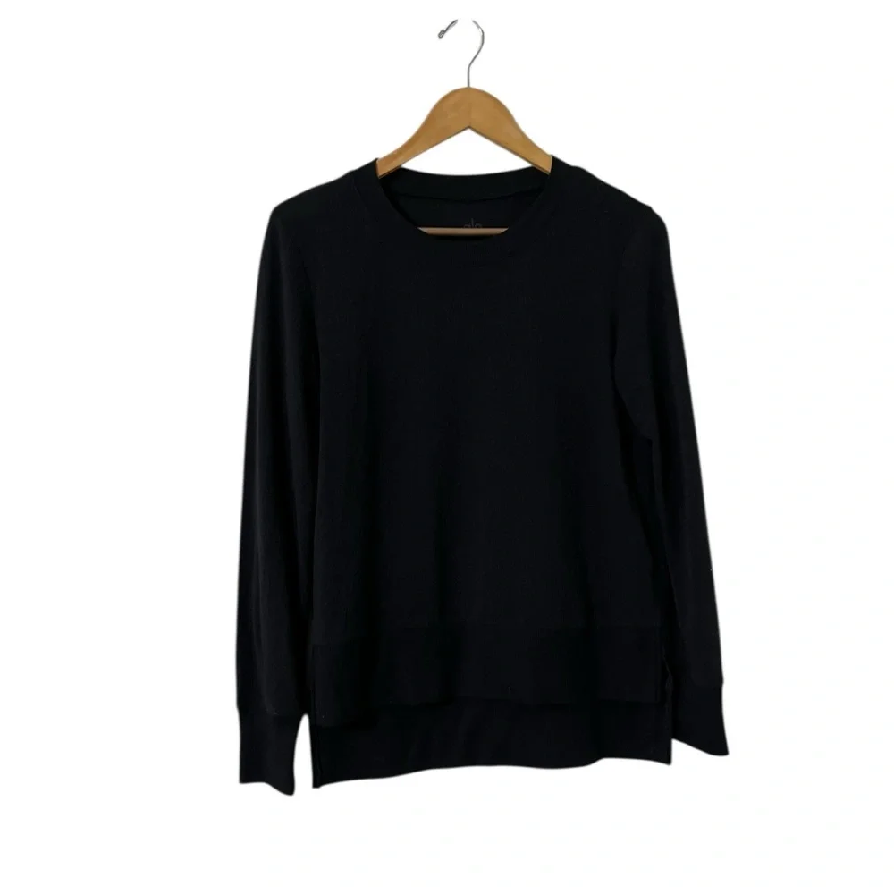 ALO YOGA Hi Low Black Long Sleeve Knit Slit Pullover Top Tunic
